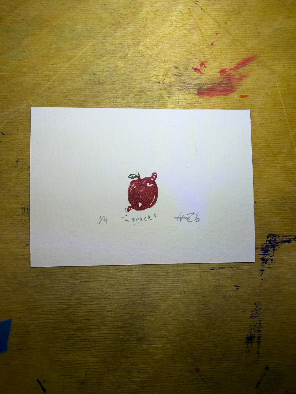 Tiny apple and worm, 4x6